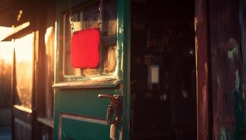 Rustic old fashioned door with rusty metal handle in abandoned building generated by AI photo