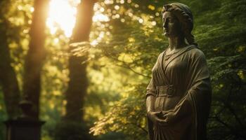 Sunlit sculpture of Christian figure stands in ancient formal garden generated by AI photo