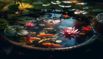 Tranquil scene of aquatic beauty, koi carp and lotus blossom generated by AI photo