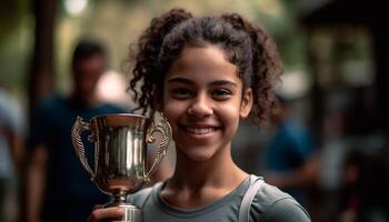 sonriente joven africano atleta sostiene trofeo con confianza y orgullo generado por ai foto