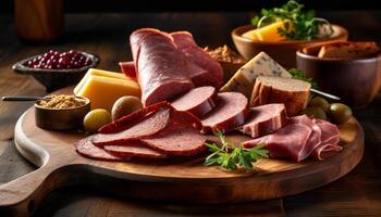 Rustic meat plate with smoked pork, salami, and prosciutto appetizers generated by AI photo