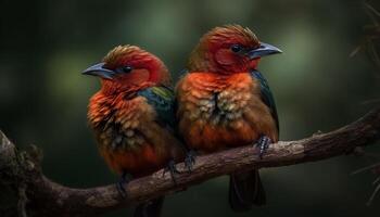 Multi colored bee eater perching on branch in tropical forest generated by AI photo