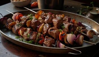 A la parrilla carne brochetas en un lámina, Fresco y sano aperitivo generado por ai foto