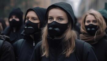 joven adultos en ropa de trabajo y mascaras proteger ciudad desde peligro generado por ai foto