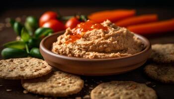 orgánico Zanahoria hummus inmersión en de madera lámina, Perfecto vegetariano bocadillo generado por ai foto