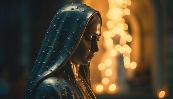 joven adulto mujer Orando en oscuro, iluminado católico celebracion generado por ai foto