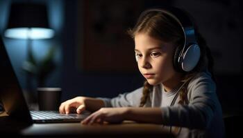 Cute girl enjoying wireless technology, listening to music and typing generated by AI photo