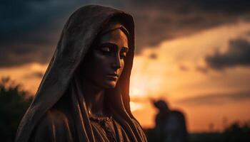 Silhouette of young adult praying at sunset, backlit by beauty generated by AI photo