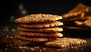 Dark chocolate cookie heap, homemade gourmet indulgence on rustic table generated by AI photo