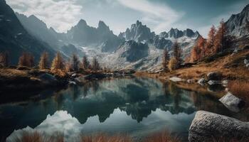 majestuoso montaña rango refleja en tranquilo estanque, idílico invierno escena generado por ai foto