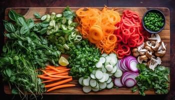 Fresh healthy salad with organic vegetables on rustic wooden table generated by AI photo