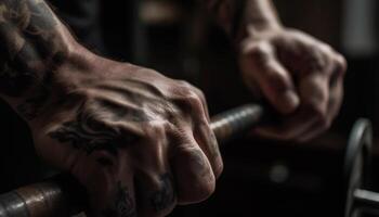 Muscular hand holding wrench, expertly repairing metal equipment in workshop generated by AI photo