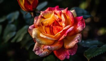 Vibrant tulip blossom, wet with dew, in formal garden generated by AI photo