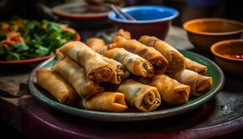 Fresh spring rolls, dim sum, and dumplings on wooden plate generated by AI photo