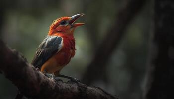 vibrante abeja comensal encaramado en rama, alerta en tropical bosque generado por ai foto