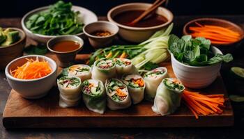 Fresh vegetable spring roll with homemade savory sauce and chopsticks generated by AI photo