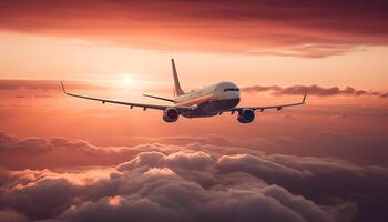 volador comercial avión tomando apagado a puesta de sol con dramático cielo generado por ai foto