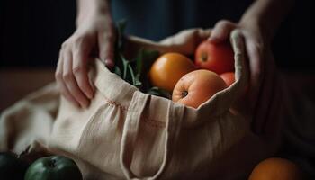 Fresh organic vegetables in basket held by smiling young adult generated by AI photo