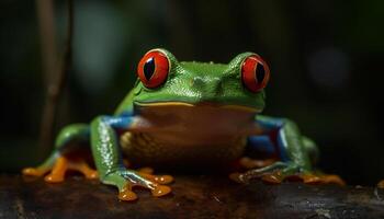 Red eyed tree frog sitting on wet branch in tropical rainforest generated by AI photo