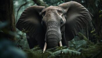 African elephant walking in wet grass, looking at camera closely generated by AI photo