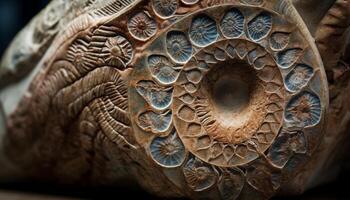 Ancient ammonite fossil, intricate spiral pattern, nature ornate decoration generated by AI photo