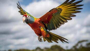 Vibrant gold and blue macaw perching on green branch outdoors generated by AI photo