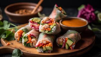 Freshly grilled beef rolled up in a spring roll appetizer generated by AI photo