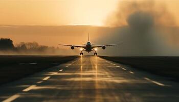 volador comercial avión tomando apagado a atardecer, hélice en movimiento generado por ai foto