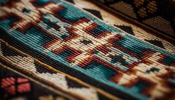 Woven wool tapestry rug with intricate geometric pattern decoration generated by AI photo