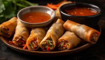 Fresh spring rolls with pork and vegetables, served with sauce generated by AI photo