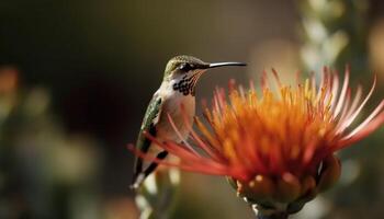 Vibrant hummingbird perches on green branch, pollinating single flower generated by AI photo