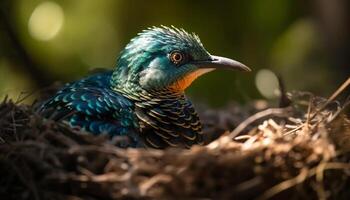 Small starling perching on green branch, feathers multi colored beauty generated by AI photo