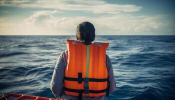 One man sailing nautical vessel, enjoying adventure and relaxation generated by AI photo