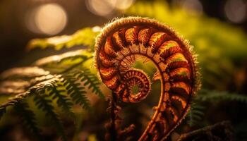 Green fern spiral, macro beauty in nature, multi colored fractal pattern generated by AI photo