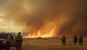 Heroes in uniform working outdoors, extinguishing inferno with urgency generated by AI photo