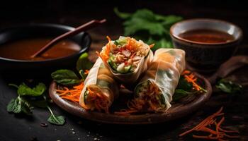 Fresh spring roll appetizer with meat and vegetables on plate generated by AI photo