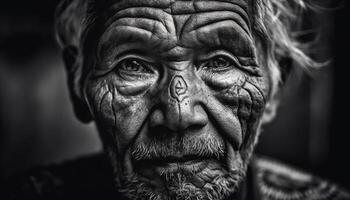 Old indigenous man with beard, wrinkles, and serious expression outdoors generated by AI photo