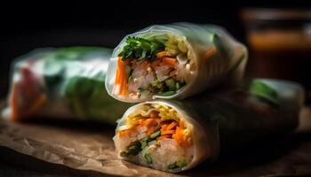 Fresh spring roll wrapped with vegetables, meat, and avocado sauce generated by AI photo