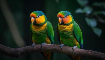 Vibrant macaw perching on branch, showcasing colorful feather pattern generated by AI photo