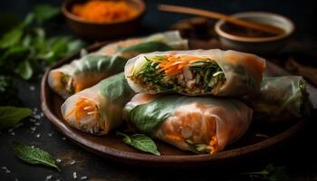 Fresh spring rolls with vegetables and shrimp, a healthy appetizer generated by AI photo