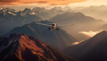 comercial avión tomando apagado terminado montaña rango, transportar aventurero turistas generado por ai foto