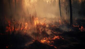 brillante hoguera ilumina oscuro bosque, fumar llena el aire generado por ai foto