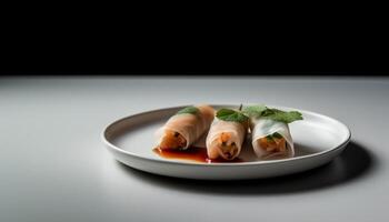 Gourmet spring rolls with pork and vegetables, served with sauce generated by AI photo