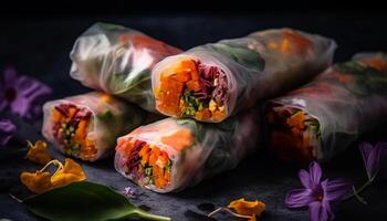 Fresh spring roll wrapped with vegetables, a gourmet appetizer meal generated by AI photo