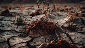 Dry dirt and sand cover the arid climate eroded landscape generated by AI photo