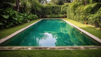 refrescante junto a la piscina oasis en moderno ajardinado jardín, Perfecto para relajación generado por ai foto