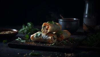 Fresh spring roll appetizer with vegetables and savory sauce dip generated by AI photo