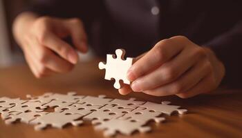 Teamwork connects jigsaw pieces for success in business strategy generated by AI photo