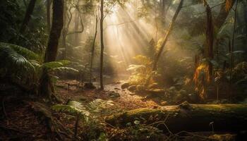 Tranquil scene of a wet forest with yellow leaves falling generated by AI photo