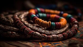 Indigenous cultures woven vibrant colors into ornate textile bracelets generated by AI photo